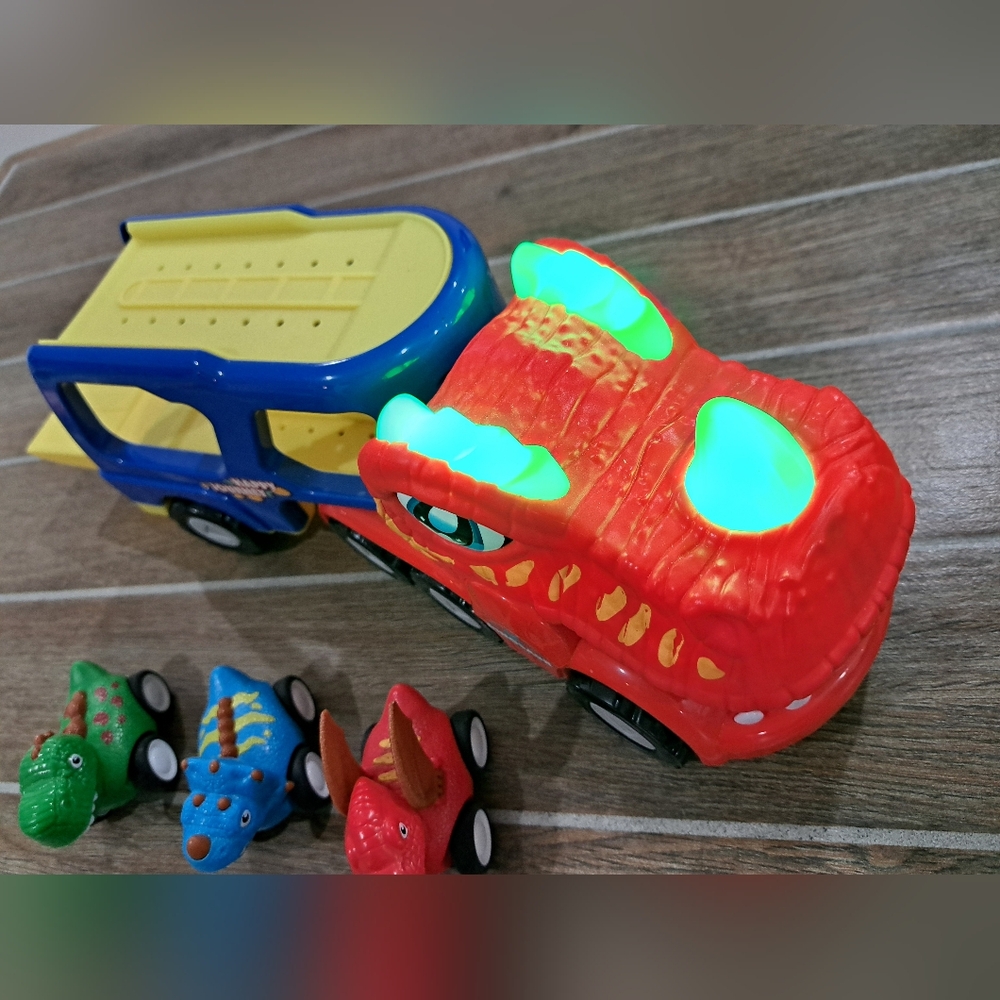 Dinosaur Transport Carrier Truck with 3 Dino-Cars Sounds/Lights WORKING